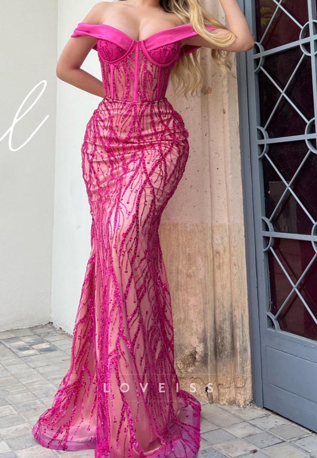 Off-Shoulder Beaded Embroidery Sparkly Prom Dress