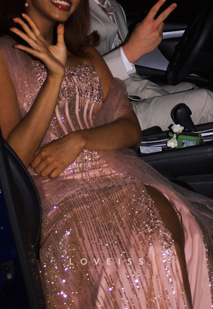 Off-Shoulder Beaded Embroidery Sparkly Sheath Prom Dress