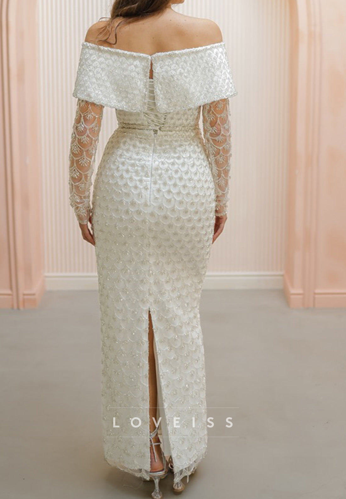 Off-Shoulder Beaded Embroidery Sparkly Sheath Wedding Dress