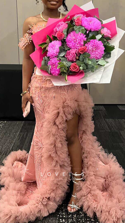 Off-Shoulder Beaded Embroidery Tulle Mermaid Prom Dress