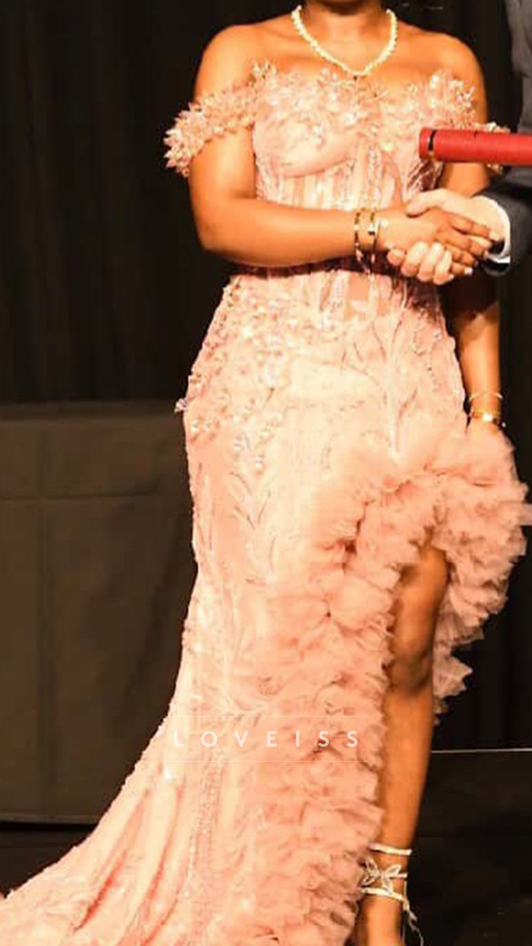 Off-Shoulder Beaded Embroidery Tulle Mermaid Prom Dress