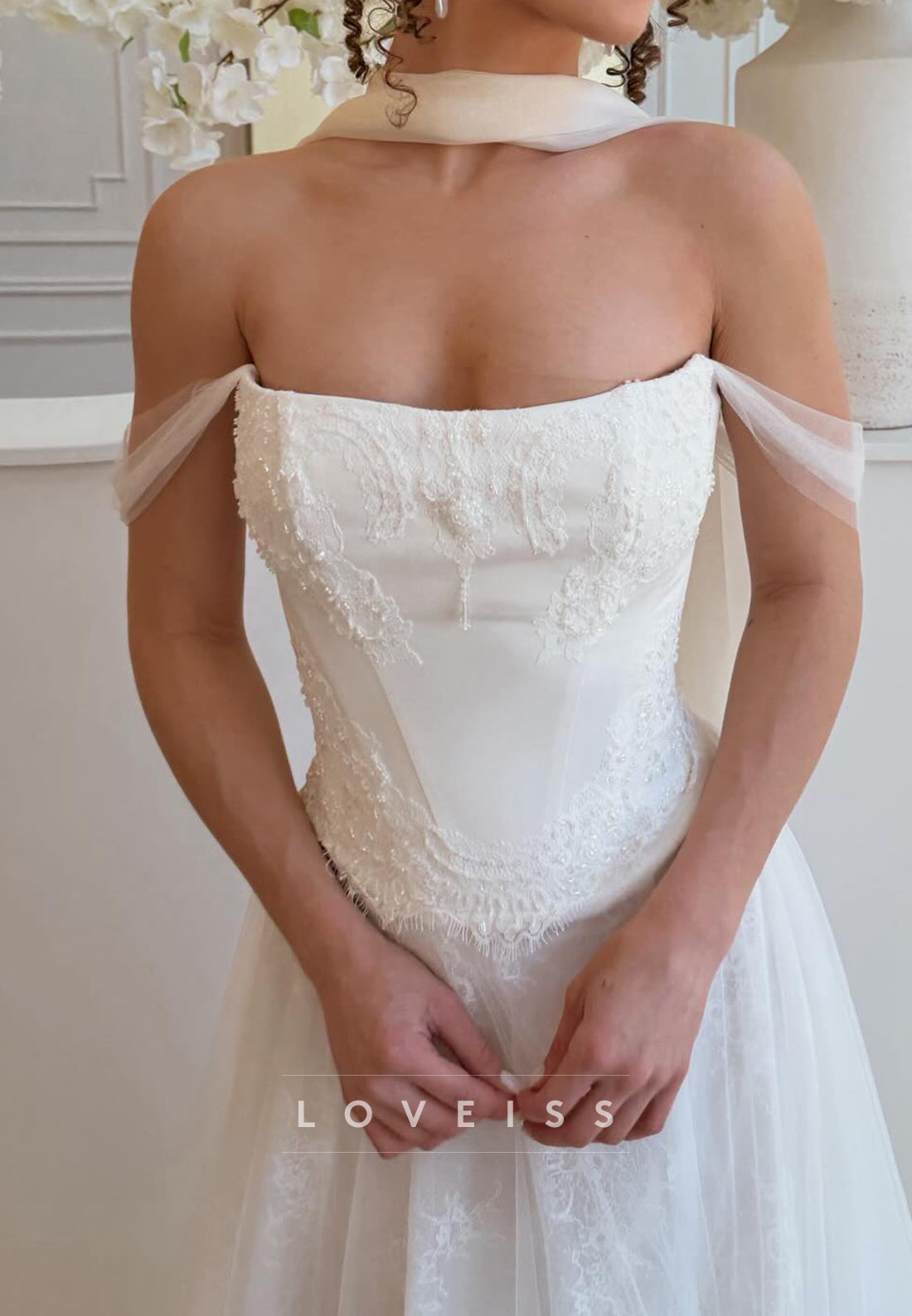 Off-Shoulder Beaded Lace Appliques A-Line Wedding Dress