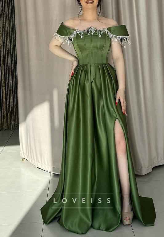 Off-Shoulder Beaded Pleated A-Line Prom Dress