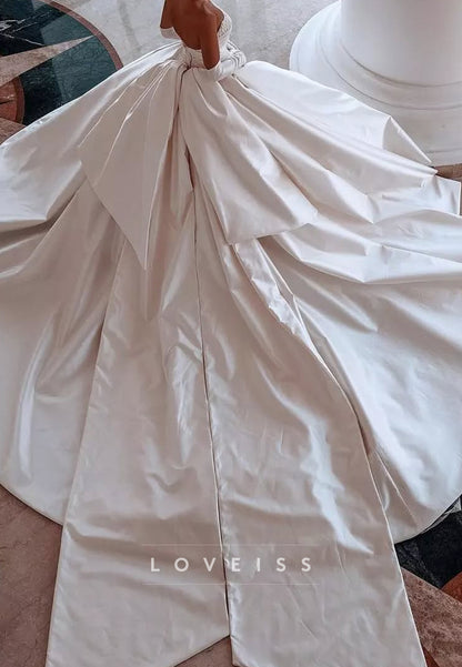 Off-Shoulder Beaded Pleated Satin A-Line Wedding Dress