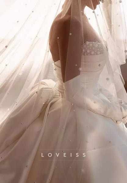 Off-Shoulder Beaded Pleated Satin A-Line Wedding Dress