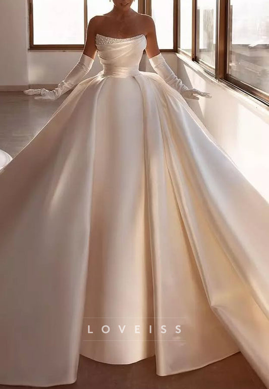 Off-Shoulder Beaded Pleated Satin A-Line Wedding Dress
