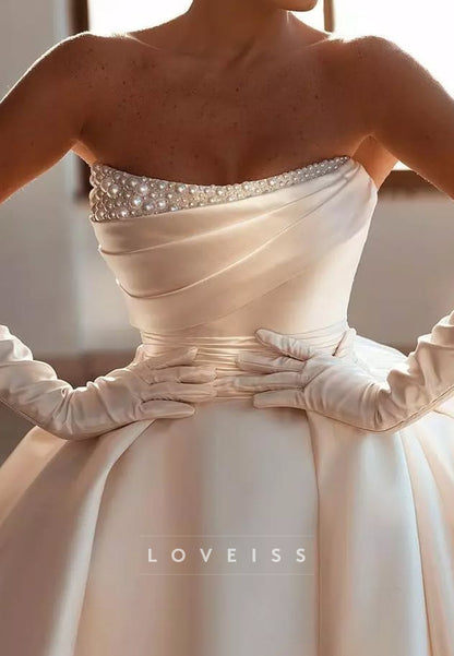 Off-Shoulder Beaded Pleated Satin A-Line Wedding Dress