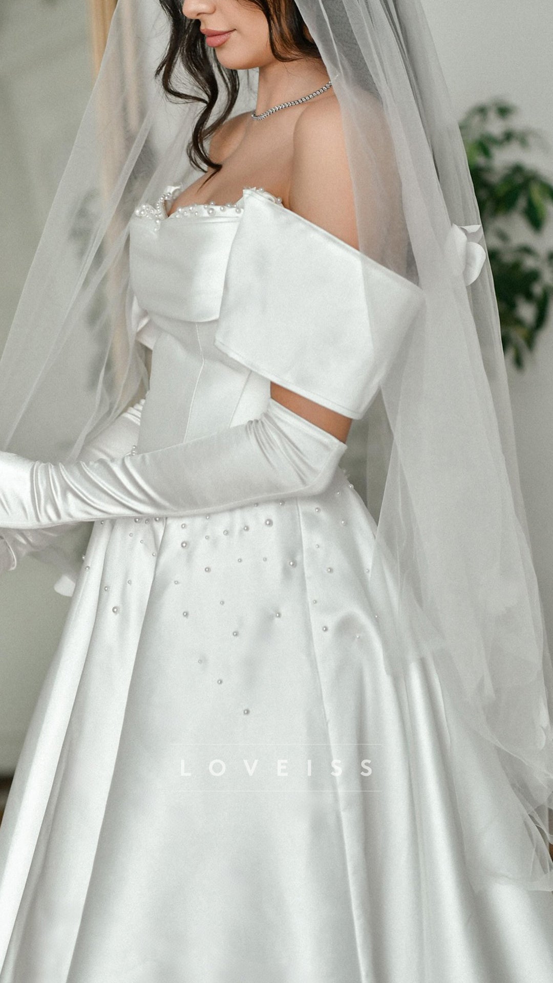 Off-Shoulder Beaded Satin A-Line Wedding Dress