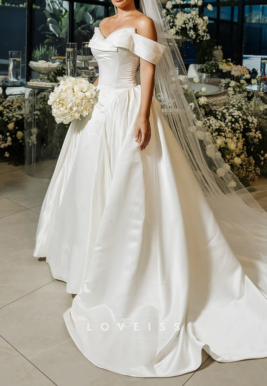 Off-Shoulder  Beaded Satin A-Line Wedding Dress