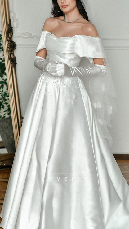 Off-Shoulder Beaded Satin A-Line Wedding Dress