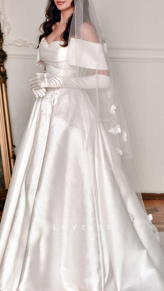 Off-Shoulder Beaded Satin A-Line Wedding Dress