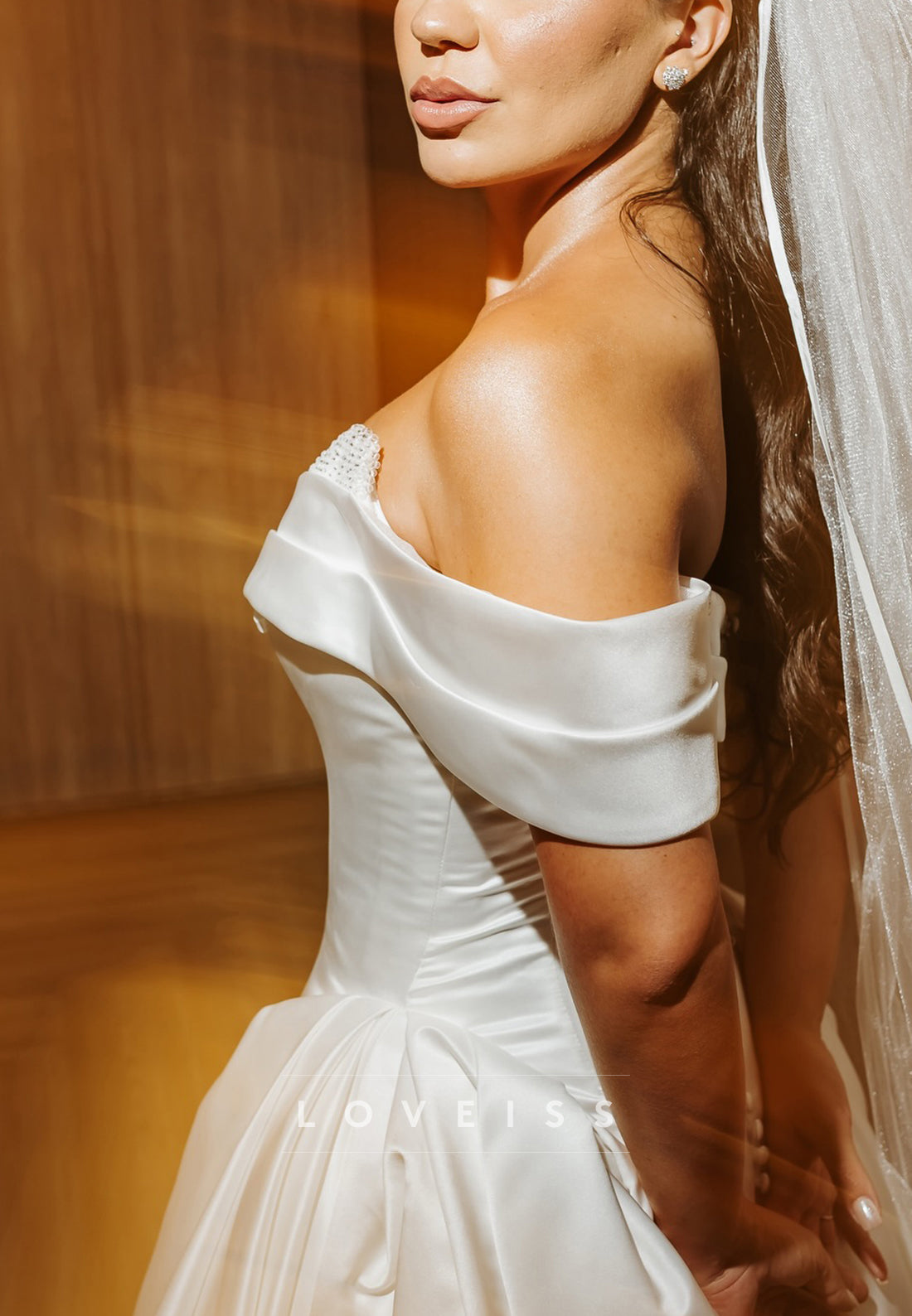 Off-Shoulder  Beaded Satin A-Line Wedding Dress
