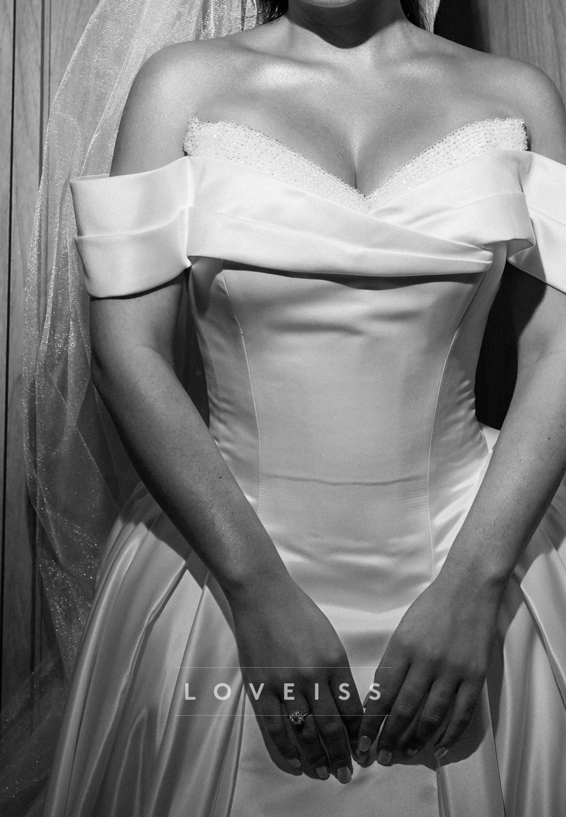 Off-Shoulder  Beaded Satin A-Line Wedding Dress