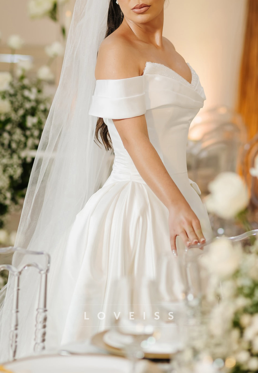 Off-Shoulder  Beaded Satin A-Line Wedding Dress