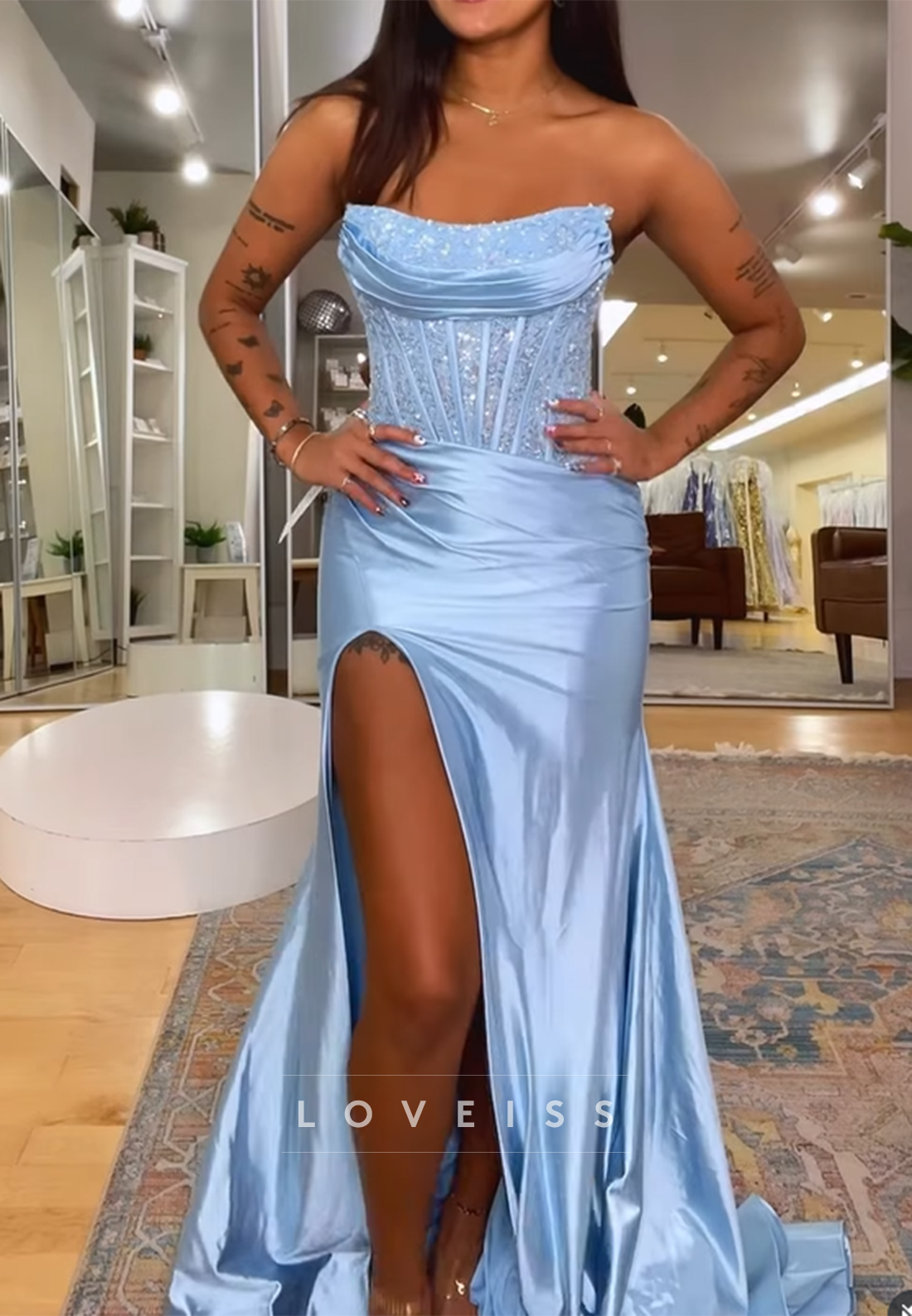 Off-Shoulder Beaded Side Slit Sheath Prom Dress