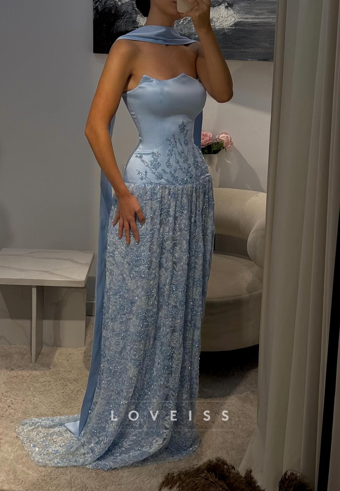 Off-Shoulder Beaded Sleeveless A-Line Sparkly Prom Dress