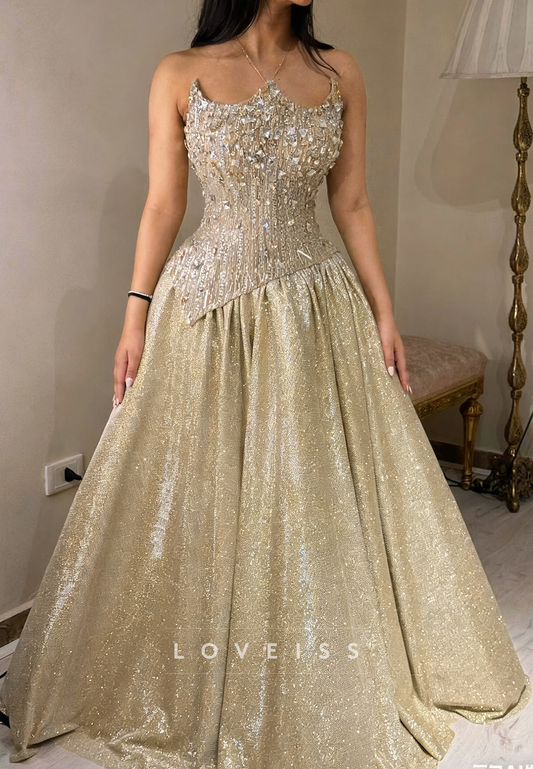 Off-Shoulder Beaded Sparkly A-Line Prom Dress