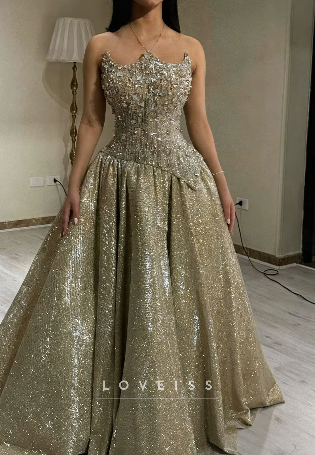 Off-Shoulder Beaded Sparkly A-Line Prom Dress