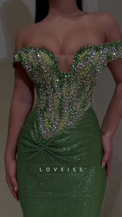 Off-Shoulder Beaded Sparkly Mermaid Prom Dress