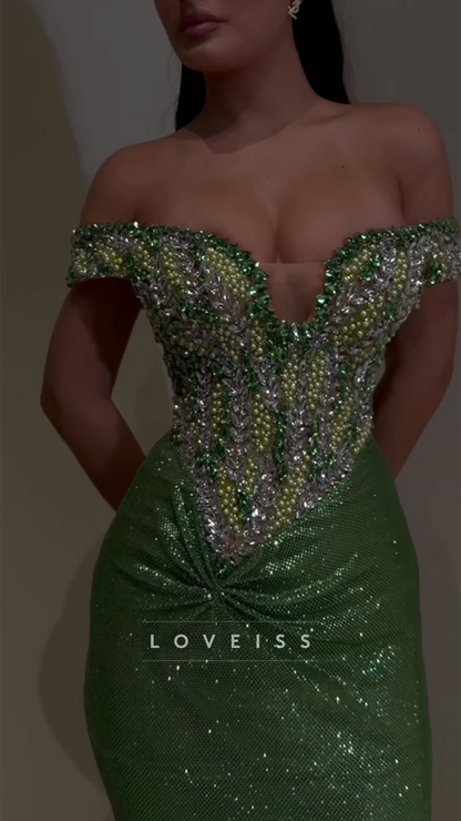 Off-Shoulder Beaded Sparkly Mermaid Prom Dress