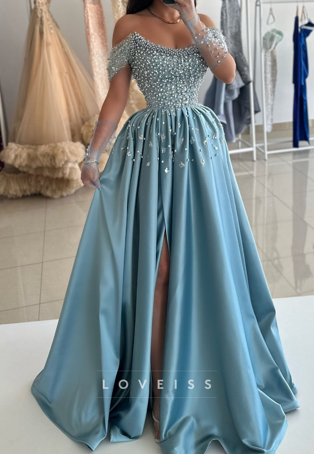 Off-Shoulder Beaded Sparkly Satin A-Line Prom Dress