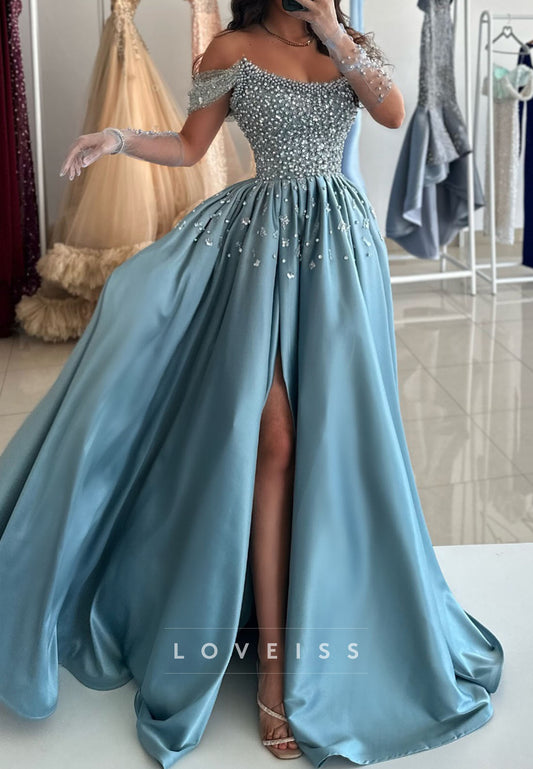 Off-Shoulder Beaded Sparkly Satin A-Line Prom Dress