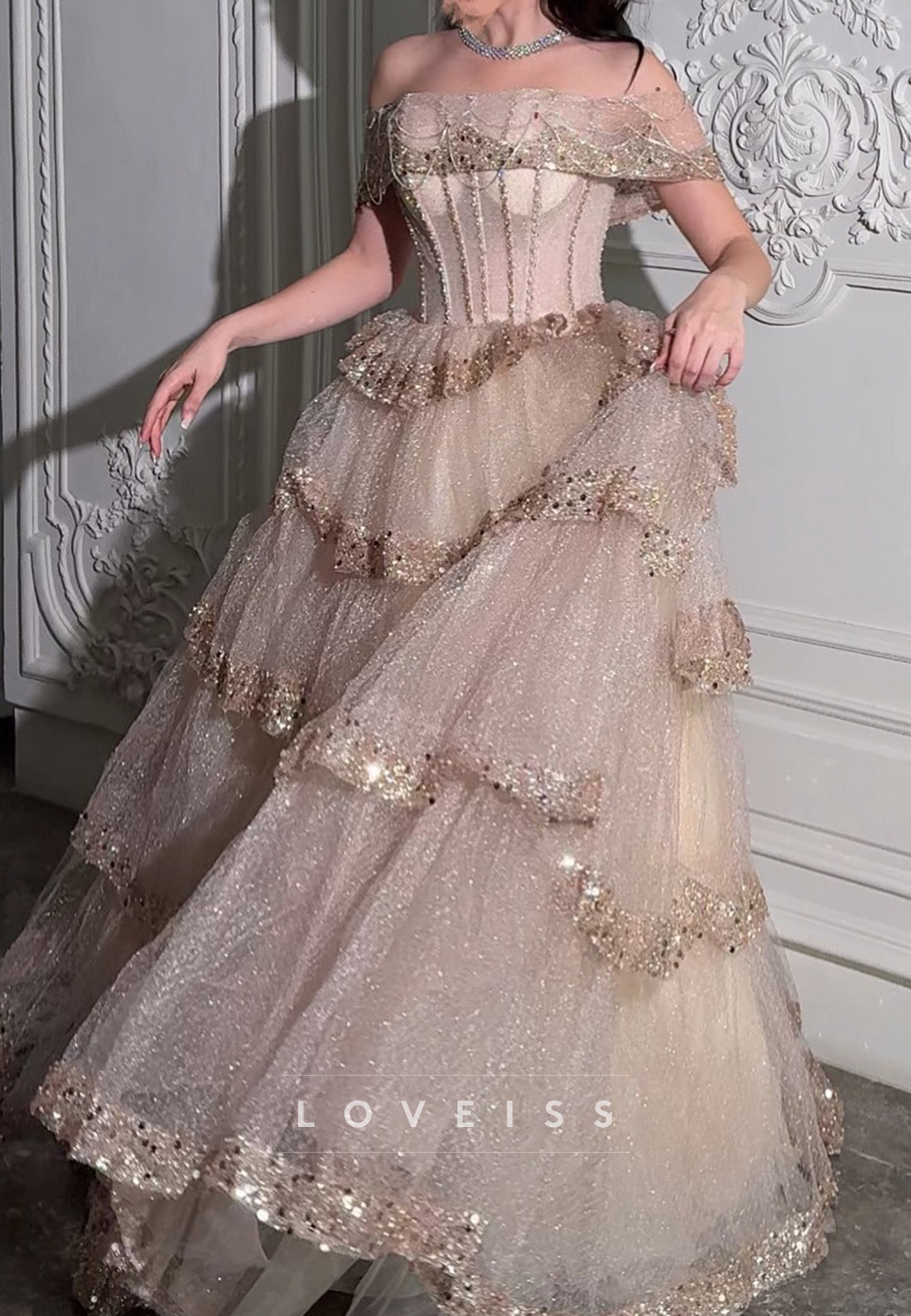 Off-Shoulder Beaded Tiered Sparkly A-Line Prom Dress