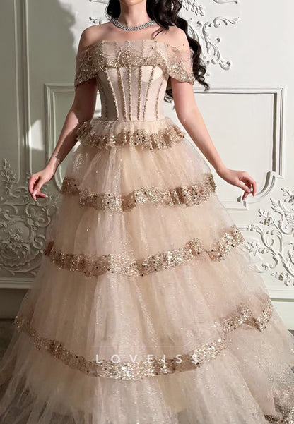 Off-Shoulder Beaded Tiered Sparkly A-Line Prom Dress