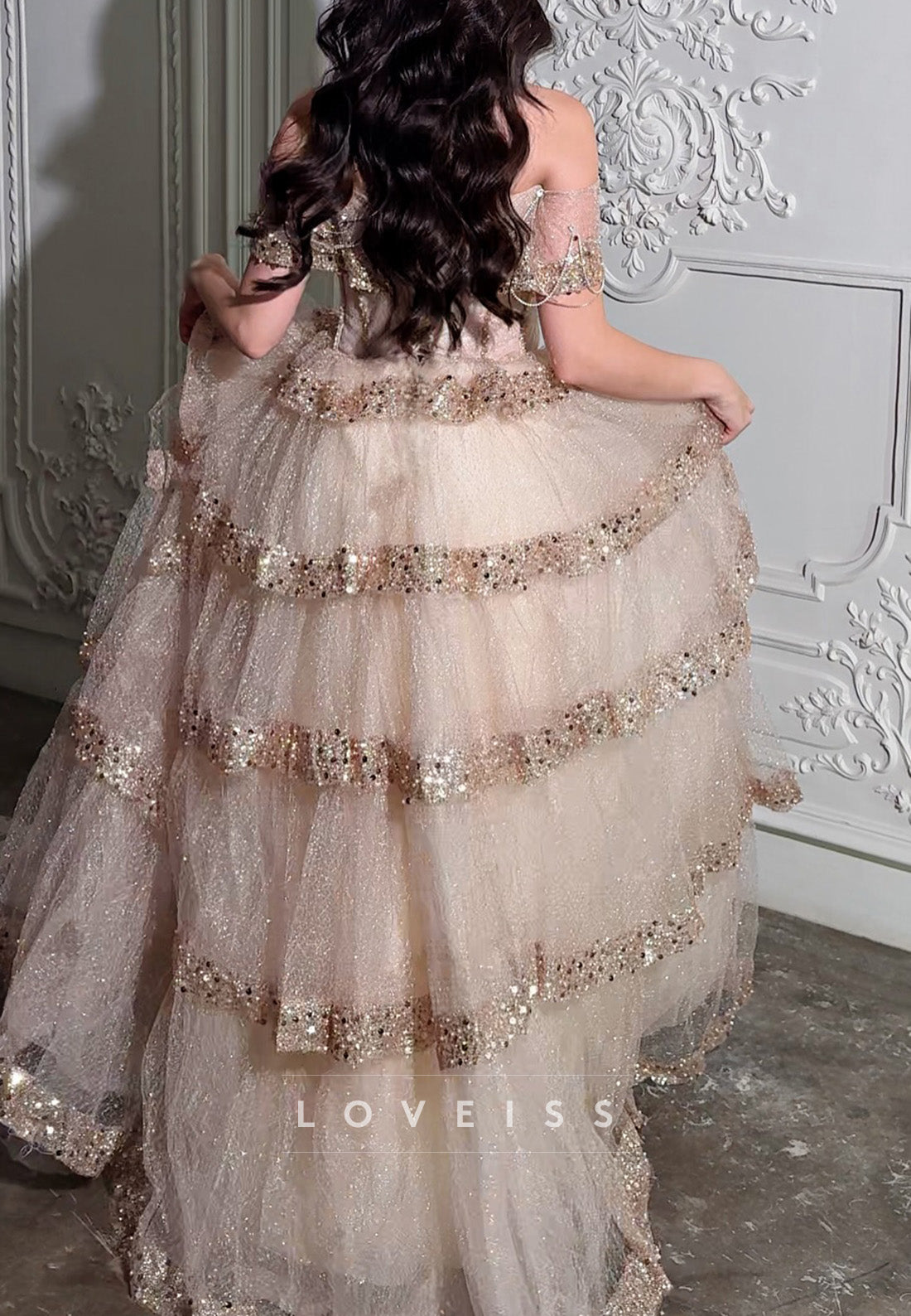 Off-Shoulder Beaded Tiered Sparkly A-Line Prom Dress
