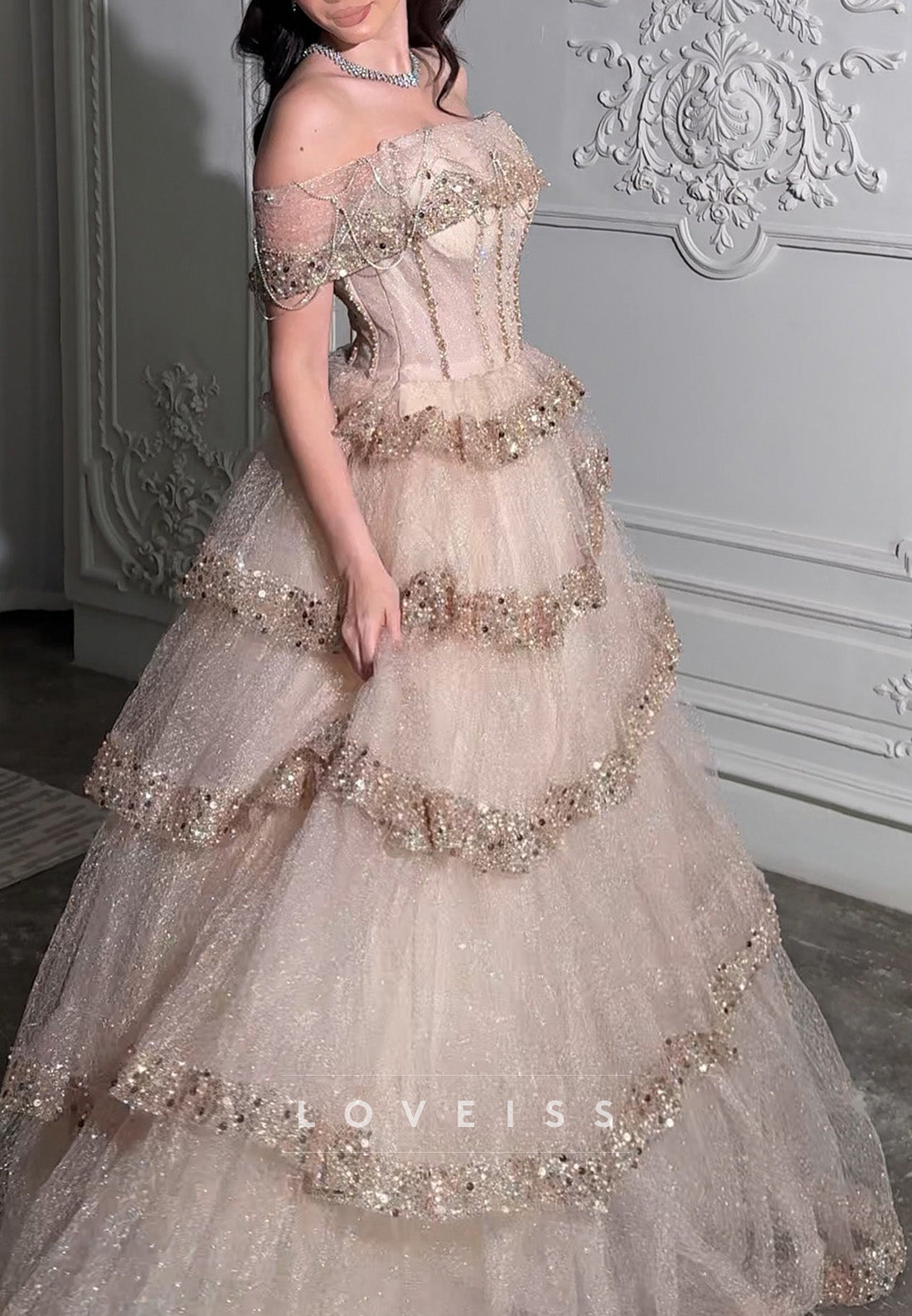 Off-Shoulder Beaded Tiered Sparkly A-Line Prom Dress