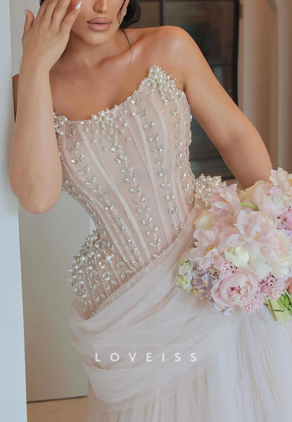 Off-Shoulder Beaded Tulle Corset Ball Gown Wedding Dress