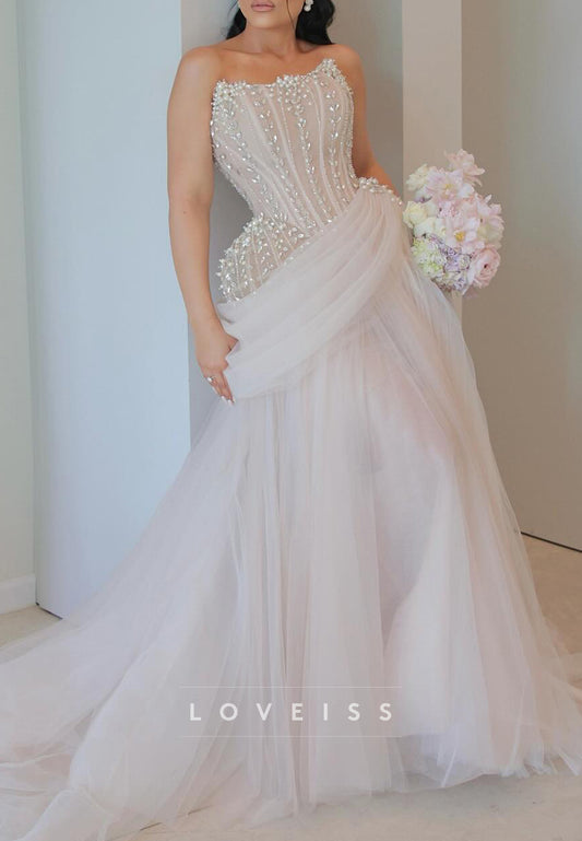Off-Shoulder Beaded Tulle Corset Ball Gown Wedding Dress