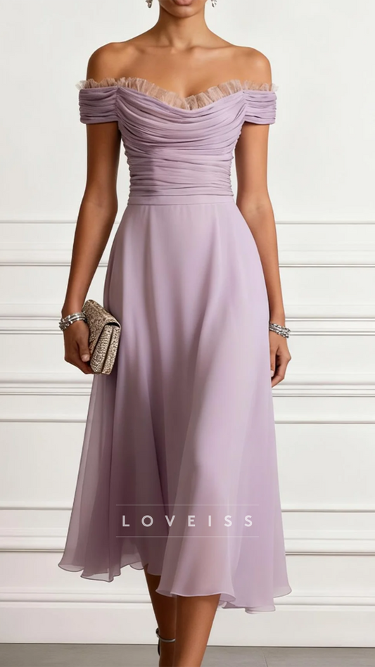 Off-Shoulder Cap Sleeves A-Line Weddingg Guest Dress