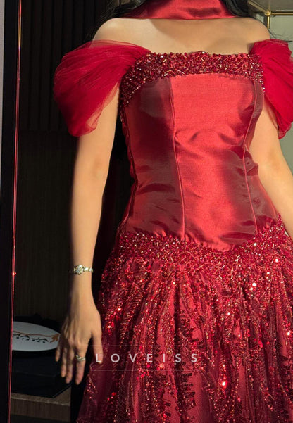 Off-Shoulder Cap Sleeves Beaded Embroidery A-Line Prom Dress