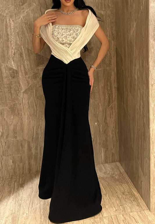 Off-Shoulder Cap Sleeves Beaded Mermaid Evening Dress