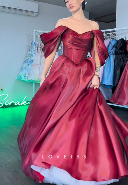 Off-Shoulder Cap Sleeves Beaded Sleek A-Line Prom Dress