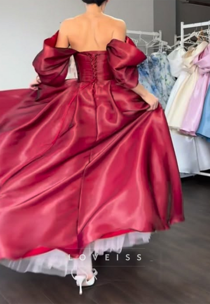 Off-Shoulder Cap Sleeves Beaded Sleek A-Line Prom Dress
