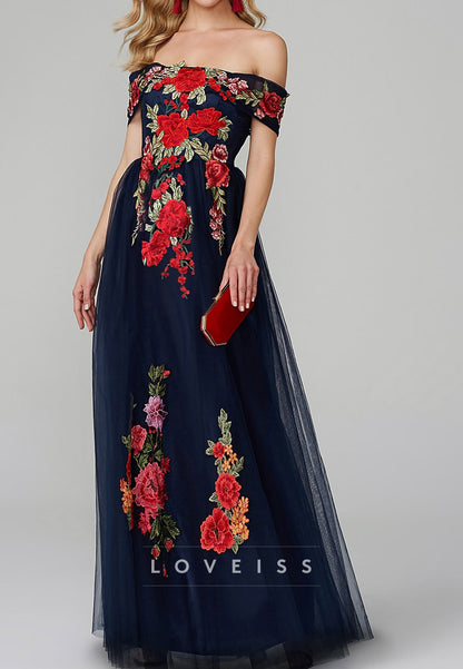 Off-Shoulder Cap Sleeves Floral Embroidery A-Line Mother of Bride Dress