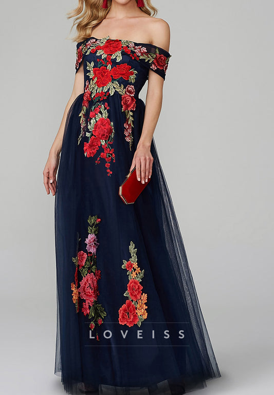Off-Shoulder Cap Sleeves Floral Embroidery A-Line Mother of Bride Dress