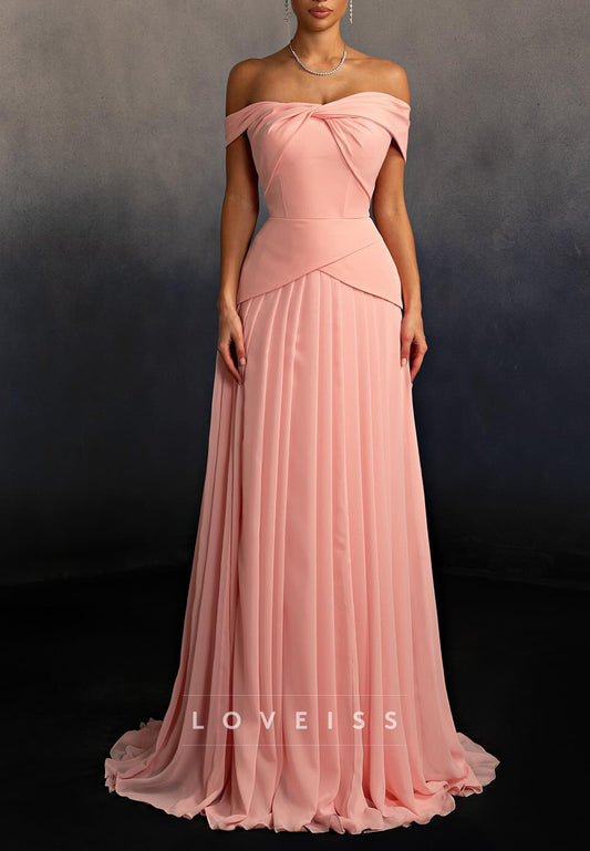 Off-Shoulder Cap Sleeves Pleated A-Line Prom Dress