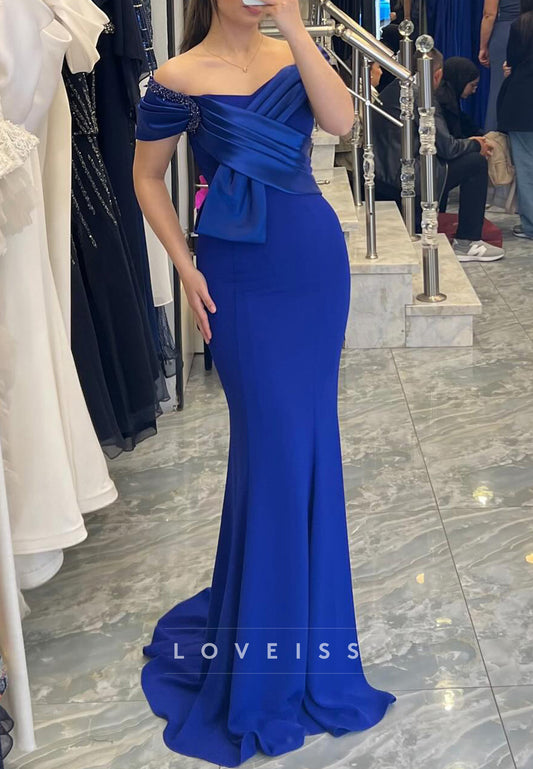 Off-Shoulder Cap Sleeves Pleated Sleek Mermaid Evening Dress Mother of Bride Dress
