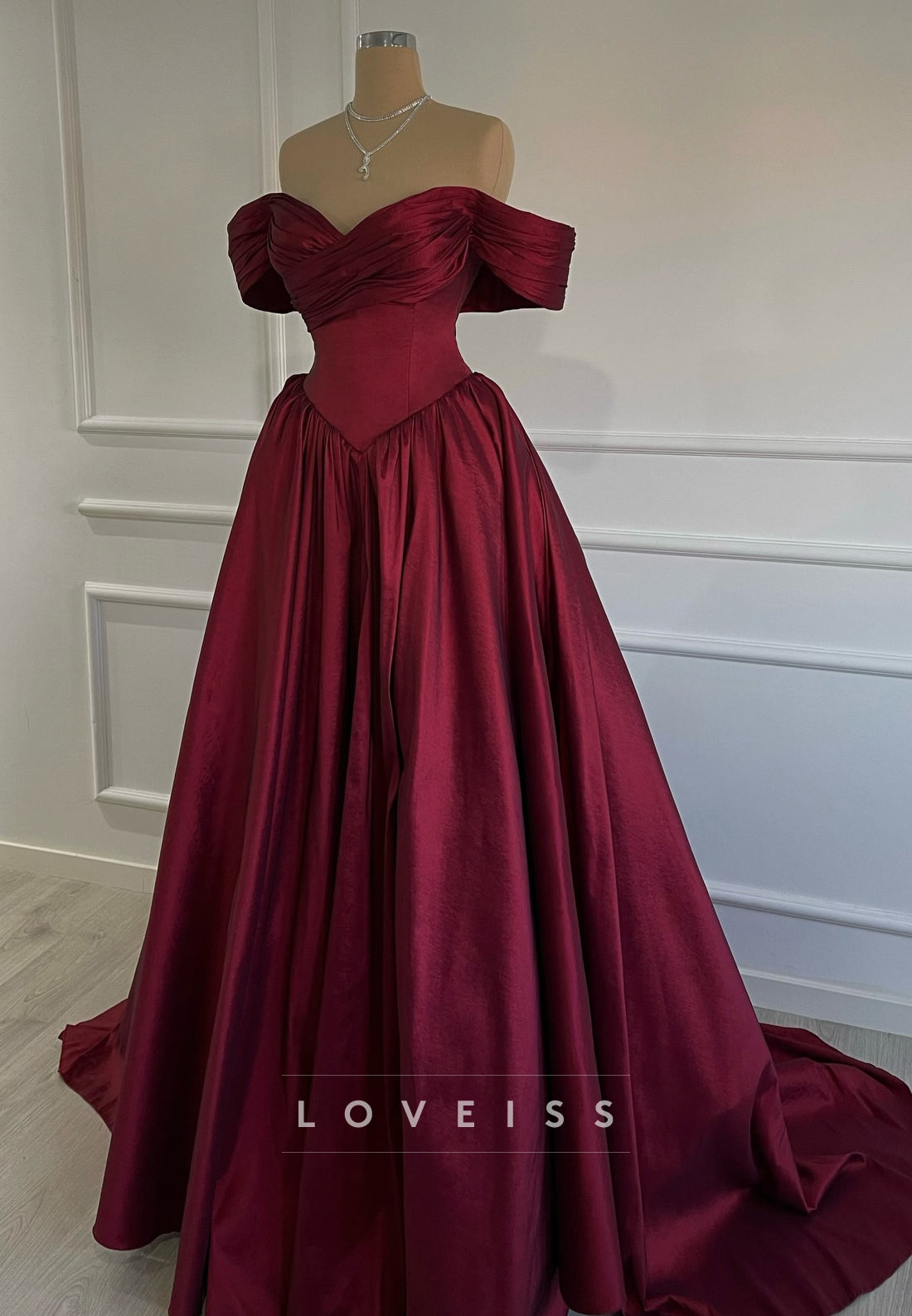 Off-Shoulder Cap Sleeves Satin A-Line Burgundy Prom Dress
