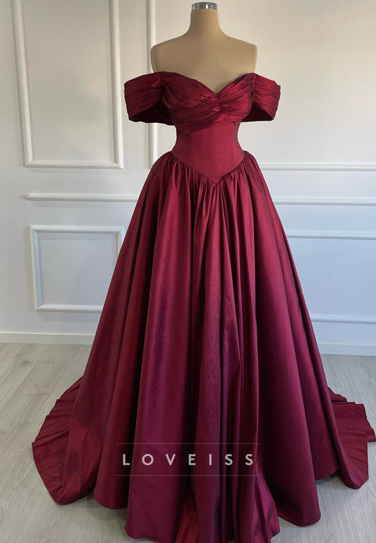 Off-Shoulder Cap Sleeves Satin A-Line Burgundy Prom Dress