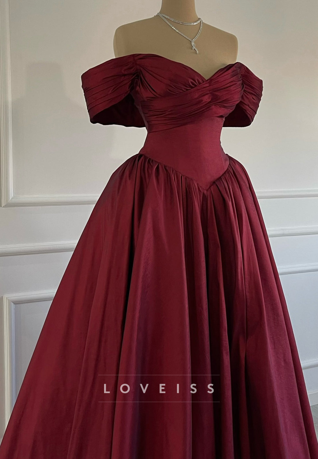 Off-Shoulder Cap Sleeves Satin A-Line Burgundy Prom Dress