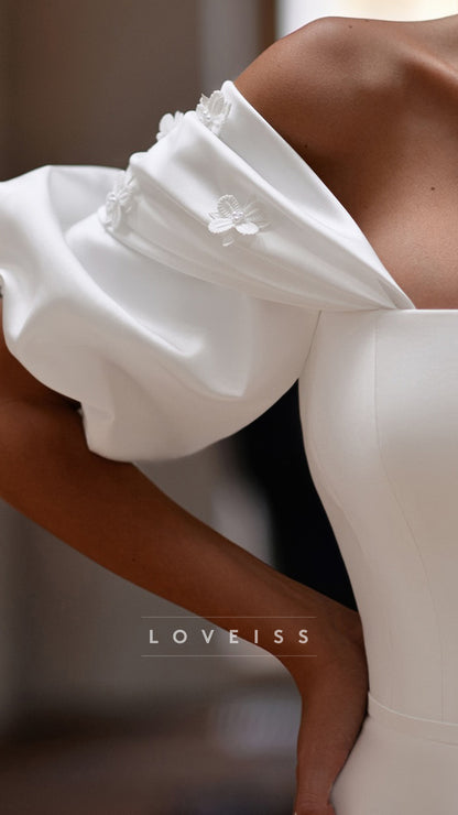 Off-Shoulder Cap Sleeves Satin A-Line Wedding Dress