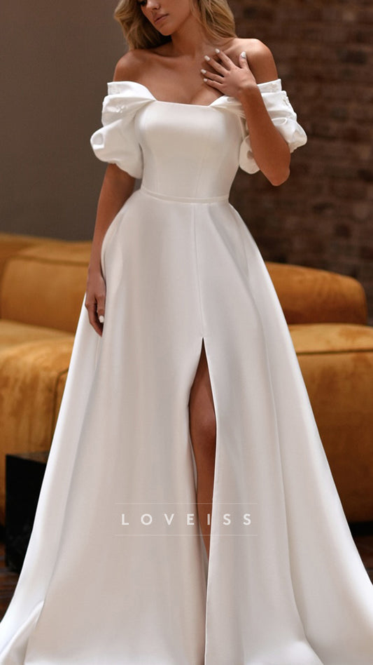 Off-Shoulder Cap Sleeves Satin A-Line Wedding Dress