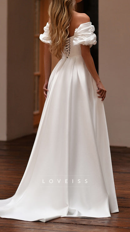 Off-Shoulder Cap Sleeves Satin A-Line Wedding Dress
