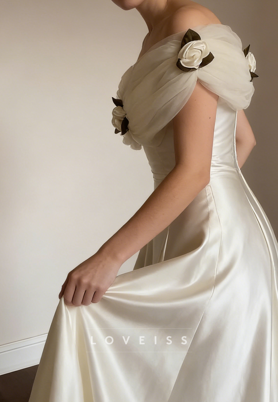 Off-Shoulder Cap Sleeves Satin Vintage A-Line Wedding Dress