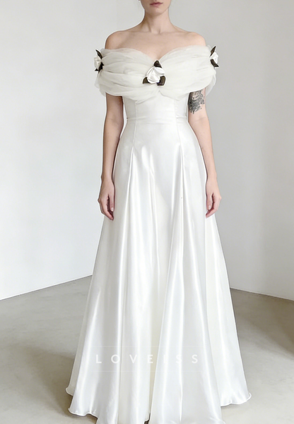Off-Shoulder Cap Sleeves Satin Vintage A-Line Wedding Dress