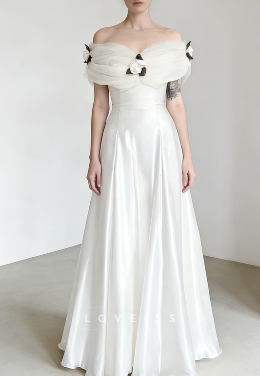 Off-Shoulder Cap Sleeves Satin Vintage A-Line Wedding Dress